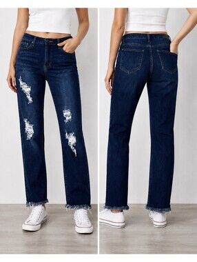 Machine Nouvelle Mode Jeans WMN’s 9/30 Dark Wash Distressed Straight Raw Hem NWT